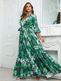 Plus Floral Print Flare Sleeve Ruffle Hem Belted Dress-FMGN594-1