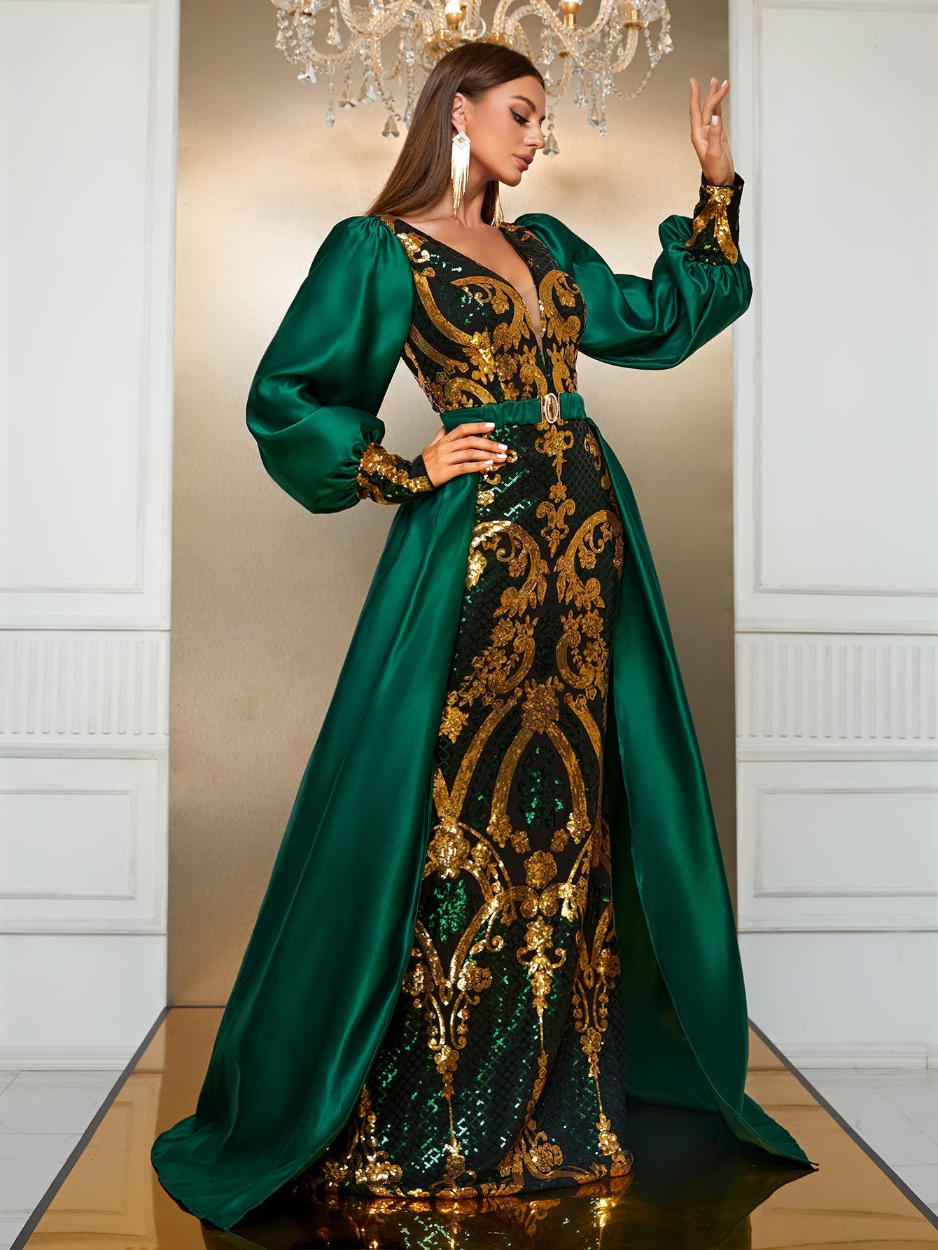 Yisikado Lantern Sleeve Sequin Party Dress-SST2085