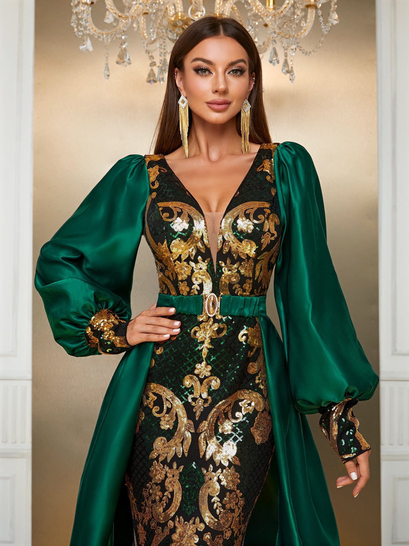 Yisikado Lantern Sleeve Sequin Party Dress-SST2085