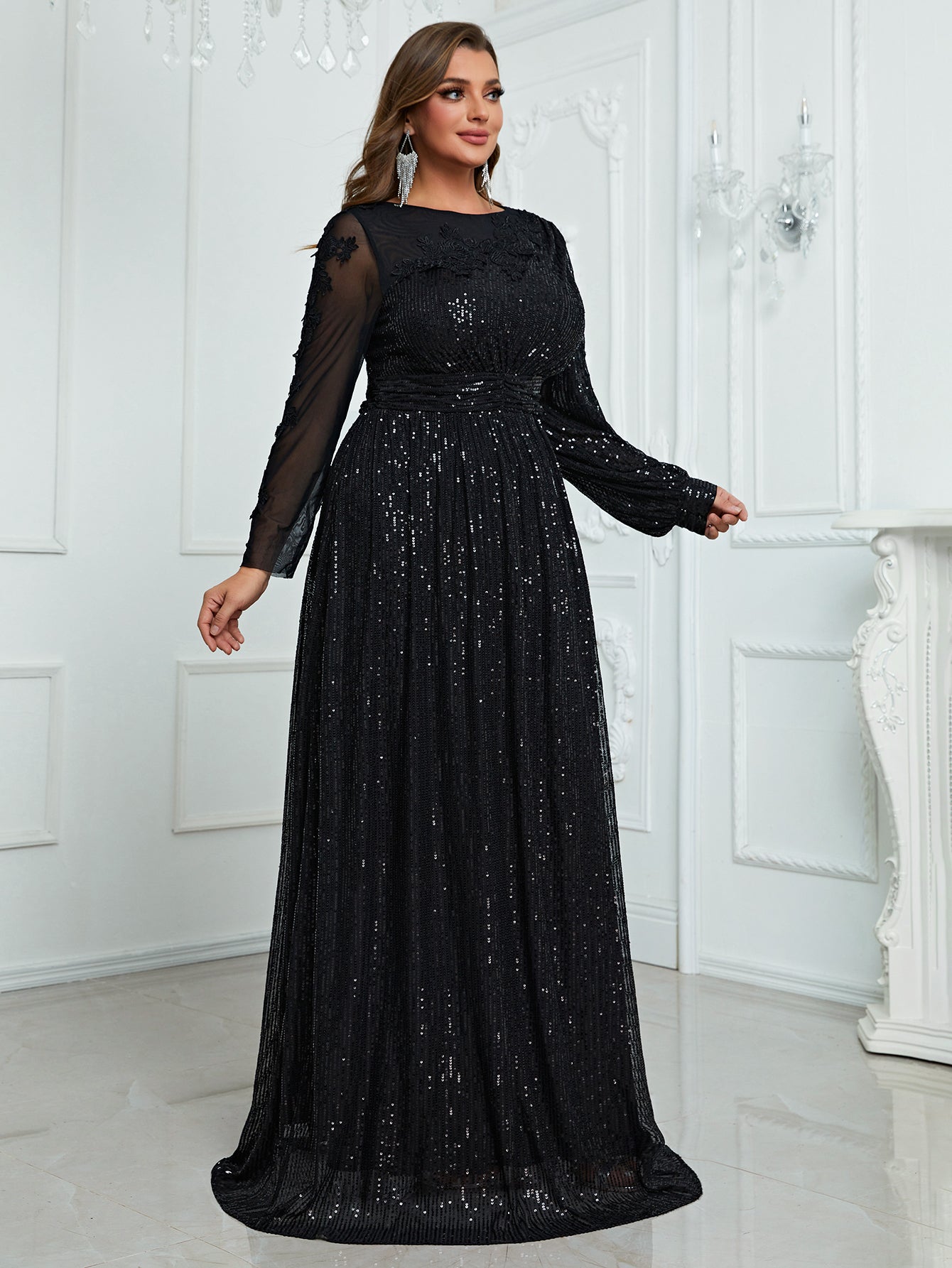 Yisikado Plus Sequin Mesh Panel Maxi Dress-FMGN767
