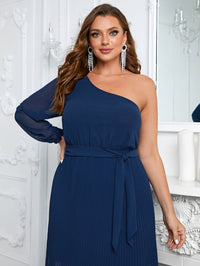 Yisikado Plus One Shoulder Pleated Hem Belted Dress-FSST2082