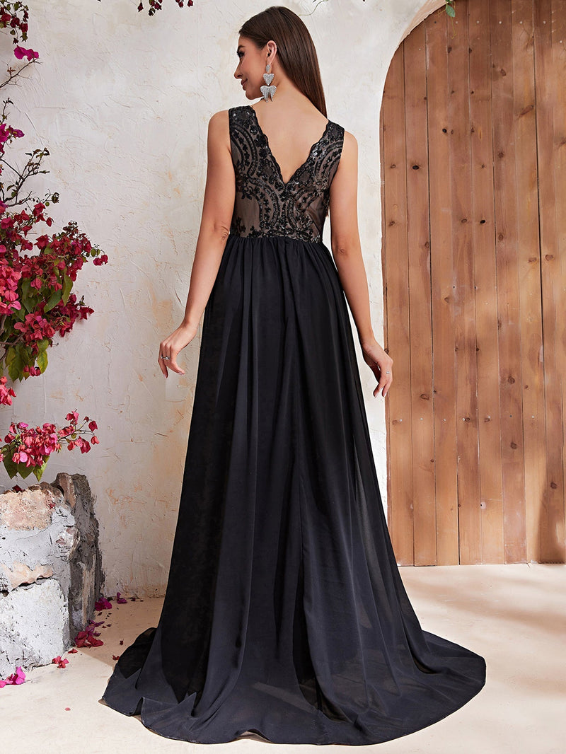 Contrast Sequin Mesh Insert Maxi Formal Dress-MGT540