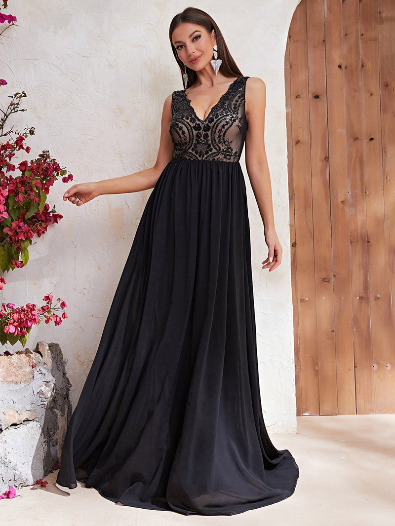 Contrast Sequin Mesh Insert Maxi Formal Dress-MGT540