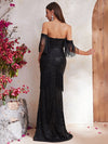 Off Shoulder Fringe Trim Mermaid Hem Sequin Formal Dress-SSN176