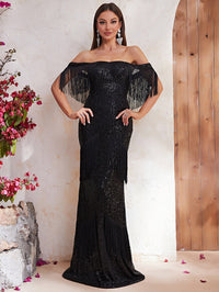 Off Shoulder Fringe Trim Mermaid Hem Sequin Formal Dress-SSN176