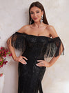 Off Shoulder Fringe Trim Mermaid Hem Sequin Formal Dress-SSN176