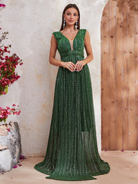 Plunging Neck Sequin Decor Maxi Dress-SS309