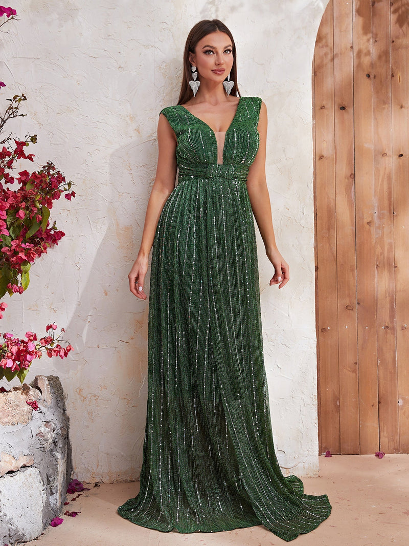 Plunging Neck Sequin Decor Maxi Dress-SS309