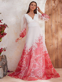 Floral Print Lantern Sleeve Chiffon Formal Dress-SSL6132