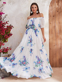 Floral Print Off Shoulder Ruffle Hem Chiffon Dress With Belt-SSL6130