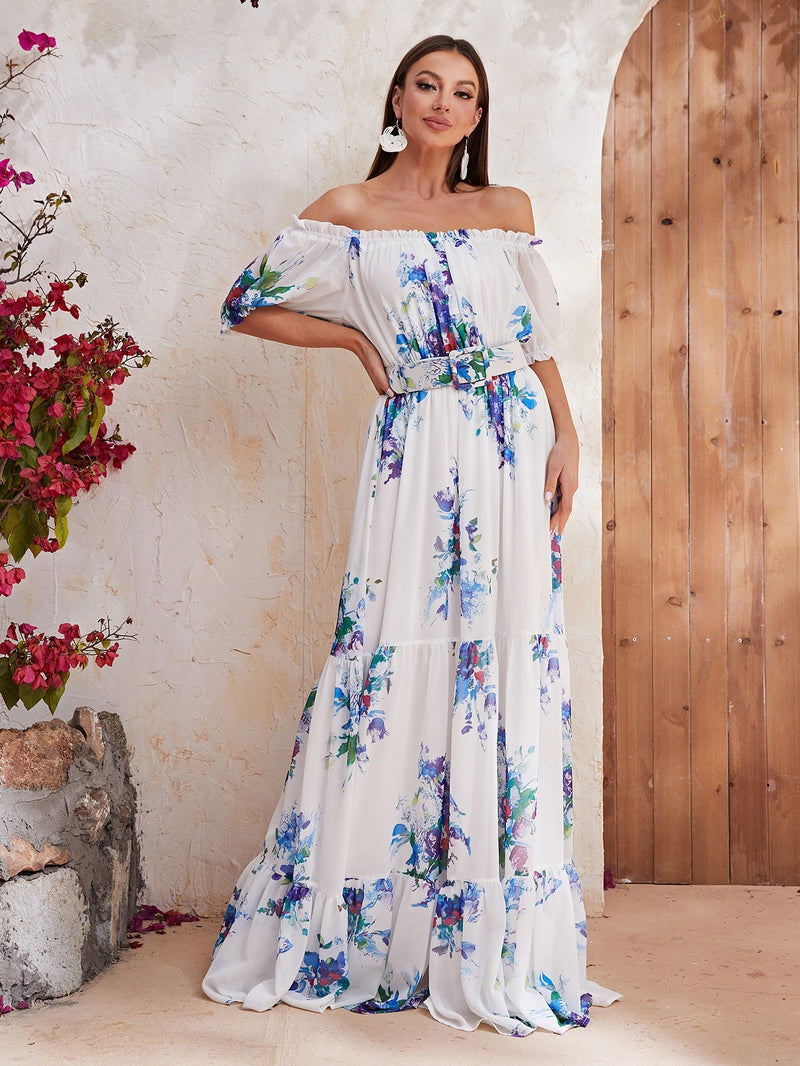 Floral Print Off Shoulder Ruffle Hem Chiffon Dress With Belt-SSL6130