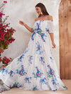 Floral Print Off Shoulder Ruffle Hem Chiffon Dress With Belt-SSL6130