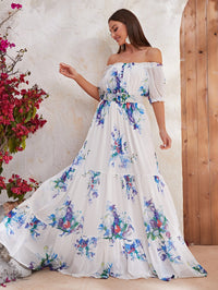 Floral Print Off Shoulder Ruffle Hem Chiffon Dress With Belt-SSL6130