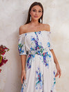 Floral Print Off Shoulder Ruffle Hem Chiffon Dress With Belt-SSL6130