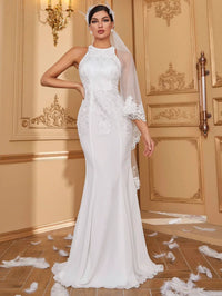 Yisikado Contrast Flower Embroidered Mesh Mermaid Hem Wedding Dress Without Veil-A075