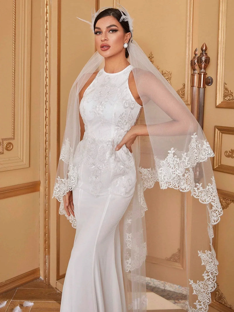 Yisikado Contrast Flower Embroidered Mesh Mermaid Hem Wedding Dress Without Veil-A075