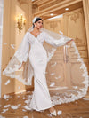 Overlap Collar Lantern Sleeve Backless Knot Mermaid Hem Sequin Wedding Dress Without Veil-A042