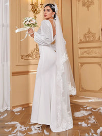 Overlap Collar Lantern Sleeve Backless Knot Mermaid Hem Sequin Wedding Dress Without Veil-A042