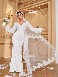 Overlap Collar Lantern Sleeve Backless Knot Mermaid Hem Sequin Wedding Dress Without Veil-A042