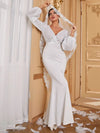 Overlap Collar Lantern Sleeve Backless Knot Mermaid Hem Sequin Wedding Dress Without Veil-A042