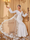 Overlap Collar Lantern Sleeve Backless Knot Mermaid Hem Sequin Wedding Dress Without Veil-A042