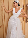 Yisikado Contrast Mesh Lace Trim Floor Length Wedding Dress-A084