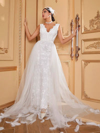 Yisikado Contrast Mesh Lace Trim Floor Length Wedding Dress-A084