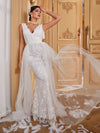 Yisikado Contrast Mesh Lace Trim Floor Length Wedding Dress-A084