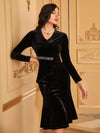 Yisikado Rhinestone Drape Side Velvet Dress-A102