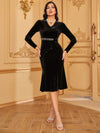 Yisikado Rhinestone Drape Side Velvet Dress-A102