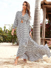 Yisikado Allover Print Twist Front Cut-out Lantern Sleeve Split Thigh Dress-A115