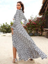 Yisikado Allover Print Twist Front Cut-out Lantern Sleeve Split Thigh Dress-A115