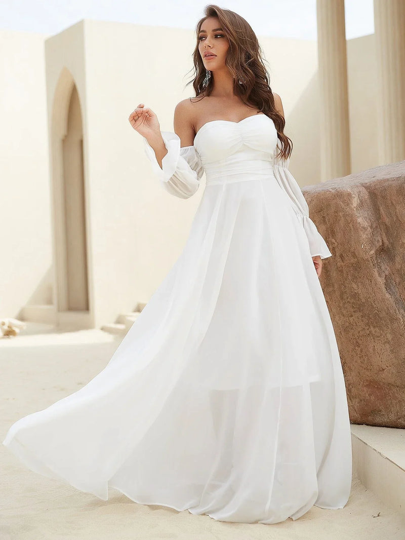 Off Shoulder Flounce Sleeve Ruched Chiffon Maxi Dress-JC225