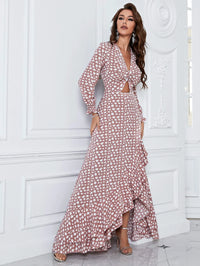 Yisikado Allover Print Twist Front Cut-out Lantern Sleeve Split Thigh Dress-A115