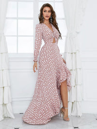 Yisikado Allover Print Twist Front Cut-out Lantern Sleeve Split Thigh Dress-A115