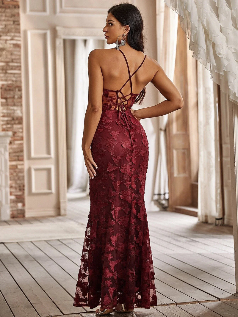 Yisikado Butterfly Appliques Lace Up Guipure Lace Maxi Cami Prom Dress-JC074