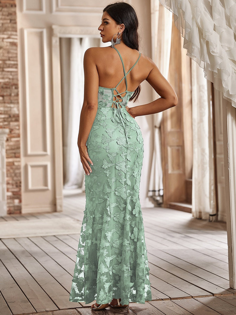 Yisikado Butterfly Appliques Lace Up Guipure Lace Maxi Cami Prom Dress-JC074