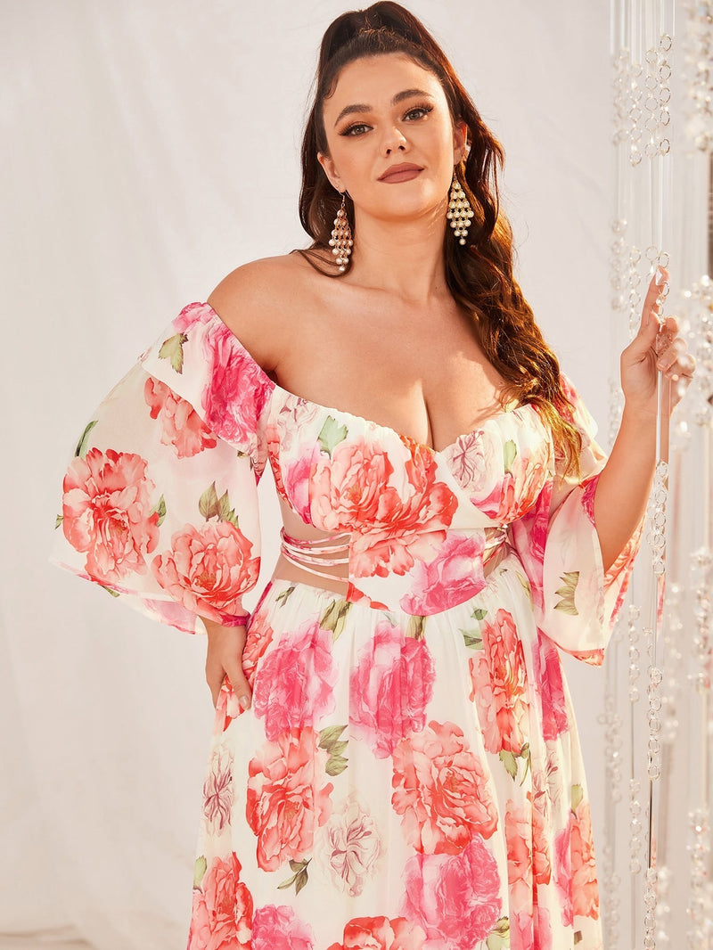 Plus Floral Print Off Shoulder Cut Out Ruffle Hem Chiffon Maxi Dress-FP233