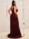 Plus Keyhole Neck Sequins Mermaid Hem Maxi Prom Dress-FP048