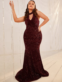 Plus Keyhole Neck Sequins Mermaid Hem Maxi Prom Dress-FP048