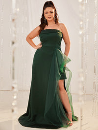 Plus Contrast Mesh Draped Split High Tube Prom Dress-JAFP092