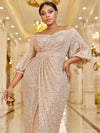 Plus Off Shoulder Lantern Sleeve Wrap Sequin Dress-FMGT047