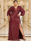 Plus Lantern Sleeve Split Thigh Sequin Dress-FP363