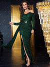 Off Shoulder Split Thigh Glitter Belted Prom Dress-MGW040