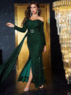 Off Shoulder Split Thigh Glitter Belted Prom Dress-MGW040