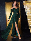 Off Shoulder Split Thigh Glitter Belted Prom Dress-MGW040