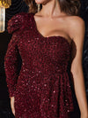 One Shoulder Draped Sequin Bodycon Dress-MGW041