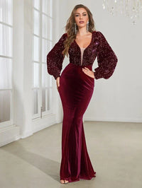 Contrast Sequin Lantern Sleeve Mermaid Hem Formal Dress-A612-1