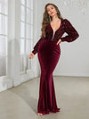 Contrast Sequin Lantern Sleeve Mermaid Hem Formal Dress-A612-1