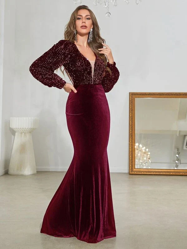 Contrast Sequin Lantern Sleeve Mermaid Hem Formal Dress-A612-1